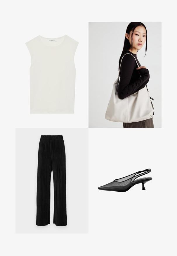Valge ilma varrukateta topp ümmarguse kaelusega. Valmistatud siledast kangast, sellel on mugav lõige ja minimalistlik disain. Ei ole mustreid ega aksessuaare.; Mustad pleekitud püksid elastse vöökohtaga. Omavad laiad jalad ja sujuvat, tekstureeritud kangast vertikaalsete triipudega.; Next FOREVER BACK KITTEN HEELS - REGULAR FIT - Klassikalised kontsakingad - black; Bež käekott pehme materjali, millel on lõtv disain, õmblustega detailid ja kaks õlarihma. Sobib igapäevaseks kasutamiseks.