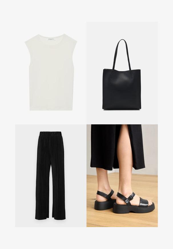 Fehér ujjatlan felső, kerek nyakkivágással. Simább anyagból készült, laza fazonnal és minimalista kialakítással rendelkezik. Nincsenek minták vagy díszítések.; Fekete pliszírozott nadrág gumis derekkal. Széles lábakkal rendelkezik, sima, texturált anyagból készült, függőleges csíkokkal.; Fekete bőr platform szandálok állítható bokapántokkal és széles elülső pántokkal, texturált talppal és minimalista dizájnnal.; Fekete bőrtáska sima felszínnel, téglalap alakú, két hosszú füllel. Nincs látható fémkiegészítő vagy díszítés.