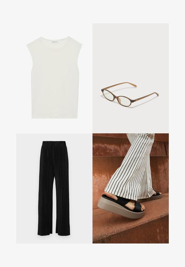 Weißes ärmelloses Top mit rundem Ausschnitt. Hergestellt aus glattem Stoff, hat es einen lässigen Schnitt und minimalistisches Design. Keine Muster oder Akzente.; Schwarze plissierte Hose mit elastischem Bund. Verfügt über weite Hosenbeine und einen glatten, strukturierten Stoff mit vertikalen Streifen.; Schwarze Rutsch-Sandalen mit einem breiten Kreuzriemen, ausgestattet mit einer dicken beigefarbenen Plattformsohle, kombiniert mit cremefarben gestreiften Schlaghosen auf einer rötlichen Oberfläche.; Braune Schildpatt-Brille mit ovalen Gläsern, dünnen Bügeln und transparenten Akzenten. Verfügt über ein dezentes Logo am Bügel. Elegantes, leichtes Design.; Beige Handtasche aus weichem Material, mit einem lässigen Design, gesteppten Details und zwei Schulterriemen. Geeignet für den täglichen Gebrauch.