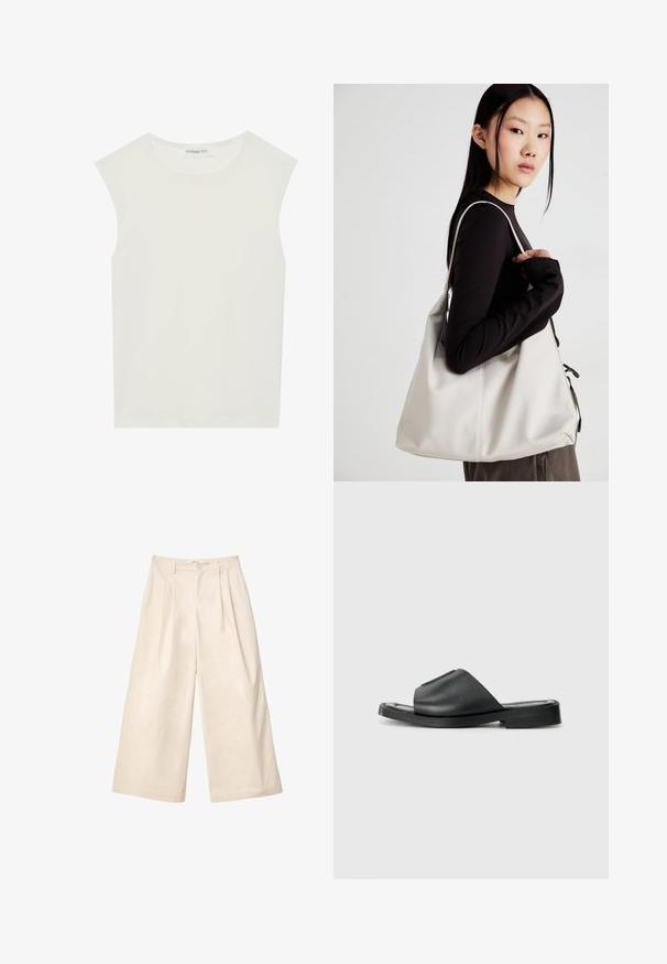 Biely bezrukávový top s okrúhlym výstrihom. Vyrobený z hladkého materiálu, má uvoľnený strih a minimalistický dizajn. Žiadne vzory alebo akcenty.; Béžové nohavice s širokými nohavicami vyrobené z jemného materiálu s vysokým pásom, s plisovaním a predným zapínaním na gombík. Hladká textúra a strih na mieru.; Čierne kožené šľapky s hladkým povrchom, otvorenou špičkou, širokým dizajnom popruhu a plochou gumovou podrážkou.; Béžová kabelka vyrobená z mäkkého materiálu, s uvoľneným dizajnom, prišitými detailmi a dvoma popruhmi na nosenie na pleciach. Vhodná na každodenné nosenie.