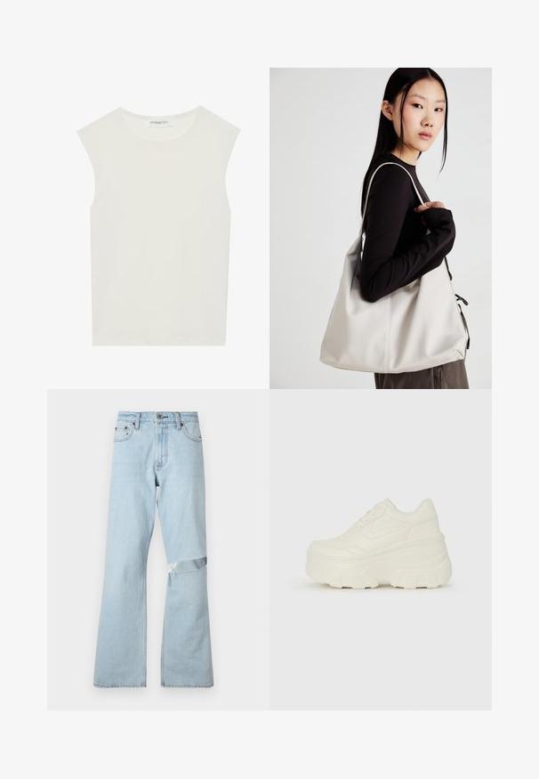 Hvid ærmeløs top med rund halsudskæring. Lavet af glat stof, har den en afslappet pasform og minimalistisk design. Ingen mønstre eller accenter.; Lysblå denimjeans med flared design, der har et slidtegning på knæet og standard frontlommer.; Hvide platform sneakers med en glat læderlignende overdel, rund form, polstret krave og struktureret gummisål med definerede riller.; Beige håndtaske lavet af blødt materiale med et slouchy design, stikninger og to skulderremme. Velegnet til daglig brug.