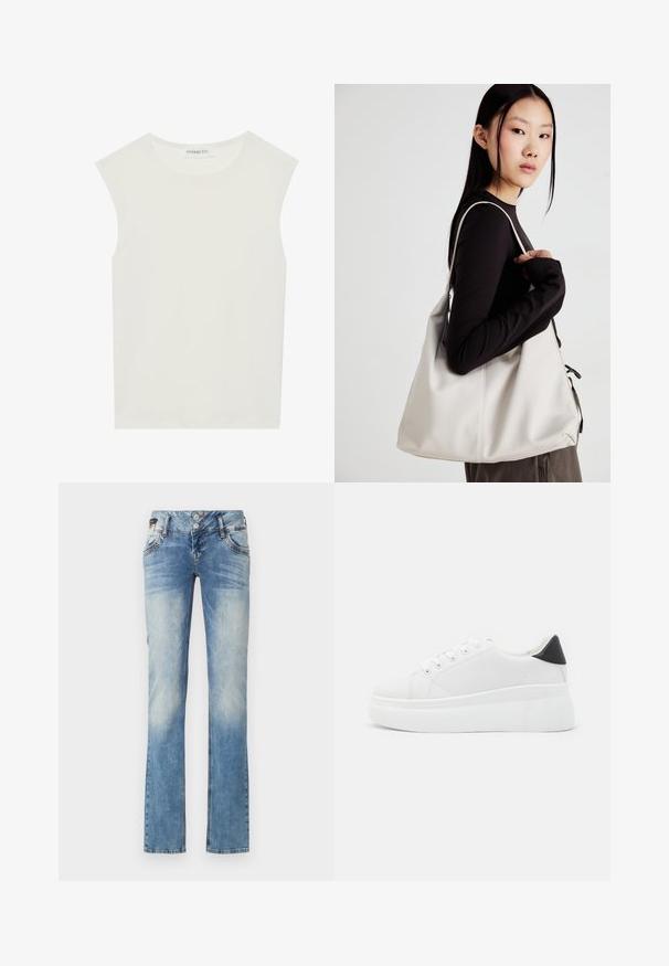 Valge ilma varrukateta topp ümmarguse kaelusega. Valmistatud siledast kangast, sellel on mugav lõige ja minimalistlik disain. Ei ole mustreid ega aksessuaare.; Heledad sinised teksad sirge jala disainiga, mis sisaldavad viite nuppu sulgemiseks, esikotte ja peeneid kulumise detaile.; Valged platvormsneakerid, mis on valmistatud siledast sünteetilisest materjalist, ovaalse toe, paelkinnise disaini ja tekstuurse kummitaldiga. Must kontsrihm.; Bež käekott pehme materjali, millel on lõtv disain, õmblustega detailid ja kaks õlarihma. Sobib igapäevaseks kasutamiseks.