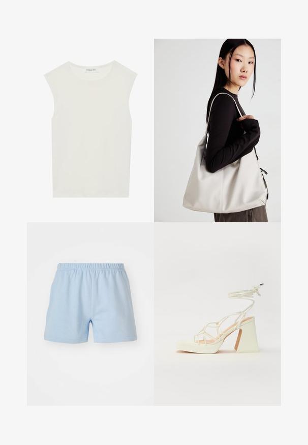 Vit ärmlös topp med rund halsringning. Tillverkad av ett mjukt tyg, har den en avslappnad passform och minimalistisk design. Inga mönster eller detaljer.; Ljusblå bomullsshorts med resårmidja. Har en enkel, slät textur och slutar vid lårens mitt. Inga fickor.; Vit högklackad sandal med en kraftig klack, med ett remdesign och ankelband. Slät textur med en plattform framtill för ökad höjd.; Beige handväska tillverkad av mjukt material, med en avslappnad design, sydda detaljer och två axelremmar. Lämplig för dagligt bruk.
