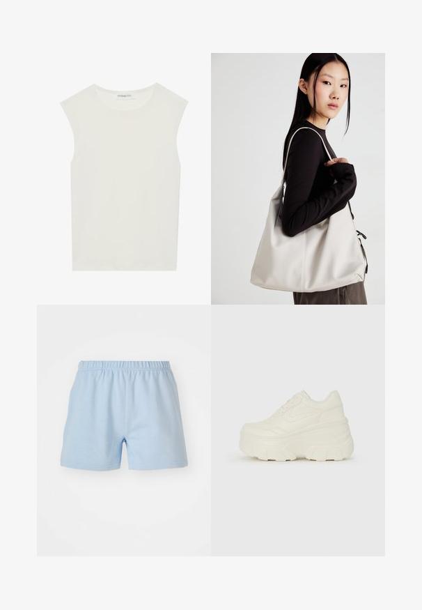 Biely bezrukávový top s okrúhlym výstrihom. Vyrobený z hladkého materiálu, má uvoľnený strih a minimalistický dizajn. Žiadne vzory alebo akcenty.; Svetlo modré bavlnené šortky s elastickým pásom. Majú jednoduchú, hladkú textúru a končia na dĺžke do polovice stehna. Bez vreciek.; Biele platformové tenisky s hladkým koženkovým svrchným materiálom, zaobleným tvarom, polstrovaným golierom a textúrovanou gumovou podrážkou s výrazným vzorom.; Béžová kabelka vyrobená z mäkkého materiálu, s uvoľneným dizajnom, prišitými detailmi a dvoma popruhmi na nosenie na pleciach. Vhodná na každodenné nosenie.