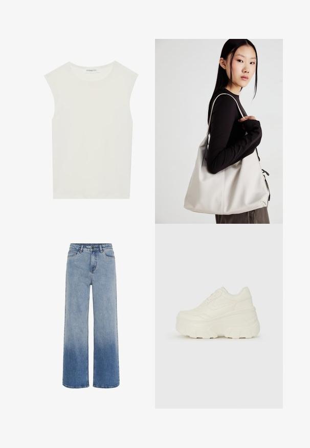 Balts bez piedurknēm tops ar apaļu kakla izgriezumu. Izgatavots no gludas auduma, tam ir brīvs piegriezums un minimālistisks dizains. Nav nekādas rakstainības vai akcentu.; Augstas jostas zila džinsu bikses ar plašiem uzgaljiem un gradienta izbalējumu no gaiši zilā līdz tumši zilajam apakšā.; Baltie platformas sporta apavi, kas izgatavoti no gludas mākslīgās ādas, ar noapaļotu formu, mīkstu apkakli un teksturētu gumijas zoli ar izteiktiem rakstiem.; Bežs rokassoma, izgatavota no mīksta materiāla, ar brīvu dizainu, izšūtu apdari un divām plecu siksnām. Piemērota ikdienas lietošanai.