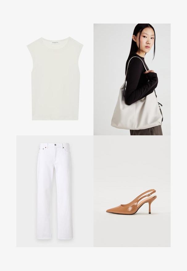 Fehér ujjatlan felső, kerek nyakkivágással. Simább anyagból készült, laza fazonnal és minimalista kialakítással rendelkezik. Nincsenek minták vagy díszítések.; Fehér farmernadrág egyenes vágással, öt zsebbel és fém gombos záródással. Barna varrással és látható varratokkal készült.; Fingerszűk, hegyes orrú, háttámlás sarokcipő sima, fényes barnás anyagból. Íves kivágású dizájn és karcsú stiletto sarkú. Ezüst csattal ellátva.; Puha anyagból készült bézs kézitáska, laza dizájnnal, varrott részletekkel és két vállpánttal. Mindennapi használatra alkalmas.