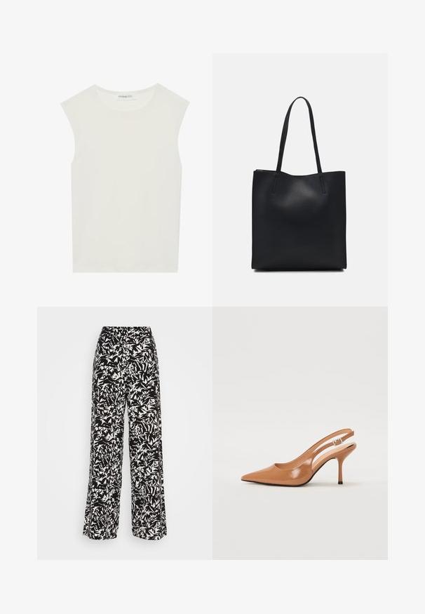 Balts bez piedurknēm tops ar apaļu kakla izgriezumu. Izgatavots no gludas auduma, tam ir brīvs piegriezums un minimālistisks dizains. Nav nekādas rakstainības vai akcentu.; Plati svārki ar melnbaltu abstraktu rakstu. Izgatavoti no viegla auduma ar gludu tekstūru un augsto jostasvietu.; Izteikts pirksta siksnas zābaks, izgatavots no gludas, spīdīgas brūnas materiāla. Piedāvā izliekta izgriezuma dizainu un smalku stiletto papēdi. Sudraba sprādze.; Melnas ādas somiņa ar gludu tekstūru, taisnstūra formu un divām garām rokturiem. Nav redzamu aparatūras vai rotājumu.