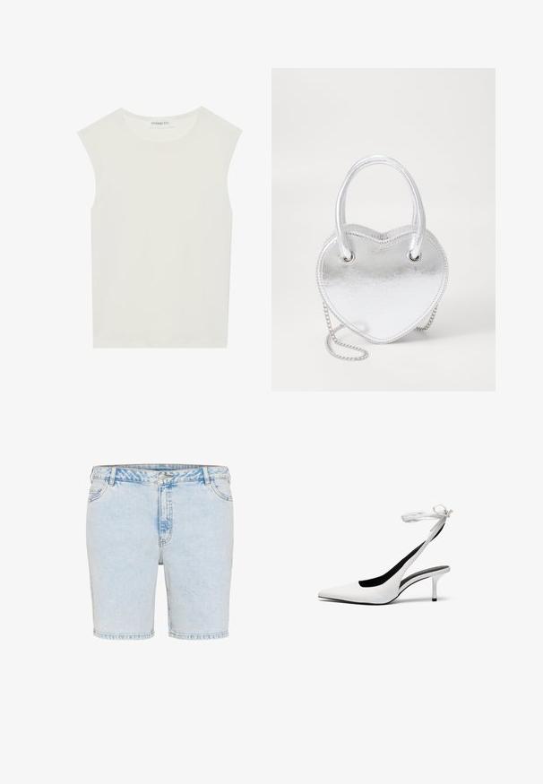 Top blanco sin mangas con escote redondo. Hecho de una tela suave, presenta un corte relajado y un diseño minimalista. Sin patrones ni acentos.; Pantalones cortos de mezclilla azul claro con corte recto, cinco bolsillos y costuras visibles. Presenta un cierre con botón y cremallera.; Zapatos de tacón de punta blanca con tiras traseras delgadas. Material de cuero suave, tacón de aguja delgado y un forro interior negro.; Bolso de mano en forma de corazón metálico plateado con dobles asas, correa de cadena y textura suave. Presenta herrajes metálicos y bordes cosidos.