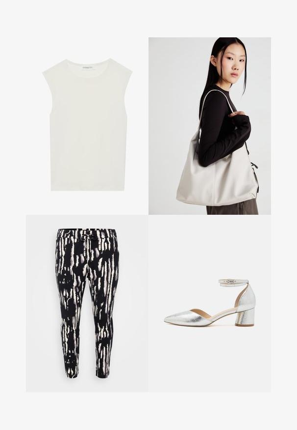 Biała bezrękawnik z okrągłym dekoltem. Wykonana z gładkiego materiału, ma luźny krój i minimalistyczny design. Bez wzorów ani akcentów.; Czarno-białe spodnie w wzory z elastycznym pasem sznurkiem, charakteryzujące się pionowymi paskami i dopasowanym krojem na nogawkach.; Srebrny metaliczny but na niskim obcasie z ostrym noskiem, z najmodniejszym zapięciem na kostkę i klamrą, na białym tle.; Beżowa torebka wykonana z miękkiego materiału, charakteryzująca się luźnym fasonem, wyszywanymi detalami i dwoma uchwytami na ramię. Idealna na co dzień.