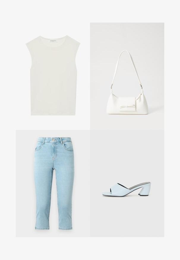 Vit ärmlös topp med rund halsringning. Tillverkad av ett mjukt tyg, har den en avslappnad passform och minimalistisk design. Inga mönster eller detaljer.; Ljust blå denimjeans med hög midja, kort längd, fem fickor och sydd detaljer längs sömmarna och fållen.; Ljusblå öppna klackskor med geometrisk design, med ett brett rem över foten och en kraftig, vinkelrät klack.; Vit syntetisk handväska med triangulär form, platt framklaff och rosettdetalj, justerbar rem, slät textur och minimalistisk design.