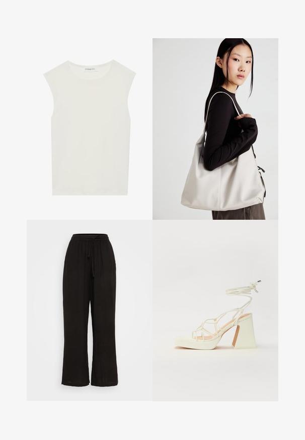 Fehér ujjatlan felső, kerek nyakkivágással. Simább anyagból készült, laza fazonnal és minimalista kialakítással rendelkezik. Nincsenek minták vagy díszítések.; Fekete, széles szárú nadrág, könnyű anyagból készült, rugalmas derékkal és húzózsinórral. Sima textúra és teljes hosszúságú kivitel.; Fehér, magassarkú szandál vastag sarokkal, pántos dizájnnal és bokapánttal. Sima textúra, elülső platformmal a megnövelt magasság érdekében.; Puha anyagból készült bézs kézitáska, laza dizájnnal, varrott részletekkel és két vállpánttal. Mindennapi használatra alkalmas.