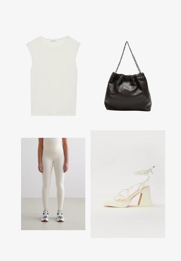 Top bianco senza maniche con scollatura rotonda. Realizzato in tessuto liscio, presenta una vestibilità rilassata e un design minimalista. Nessun motivo o accentuazione.; Leggings chiari in crema con una texture liscia, vita alta e una silhouette aderente, abbinati a sneaker sportive in bianco e nero.; Sandalo bianco con tacco alto, caratterizzato da un design a cinturini e un legaccio alla caviglia. Texture liscia con una piattaforma frontale per un'altezza aggiuntiva.; Borsa in pelle marrone con parte superiore arricciata e tracolla a catena. Texture liscia con finitura lucida e dettagli di cucitura sottili sui lati.