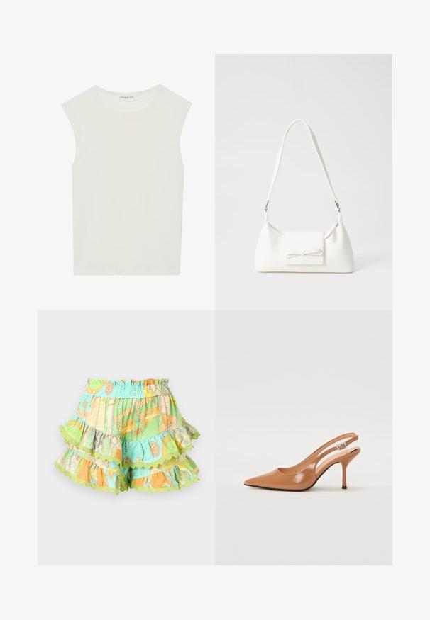 Biała bezrękawnik z okrągłym dekoltem. Wykonana z gładkiego materiału, ma luźny krój i minimalistyczny design. Bez wzorów ani akcentów.; Kolorowe warstwowe szorty z elastycznym paskiem w talii, z wzorami w kolorze zielonym, pomarańczowym i niebieskim, wykończone falbaniastymi krawędziami.; Sandały na obcasie z kwadratowym noskiem, wykonane z gładkiego, błyszczącego materiału w kolorze brązowym. Charakteryzują się zaokrąglonym wycięciem i smukłym obcasem typu stiletto. Detal w postaci srebrnej klamry.; Biała syntetyczna torba o trójkątnym kształcie, płaskim przednim klapce i detalach w postaci kokardy, regulowanym pasku, gładkiej fakturze oraz minimalistycznym designie.