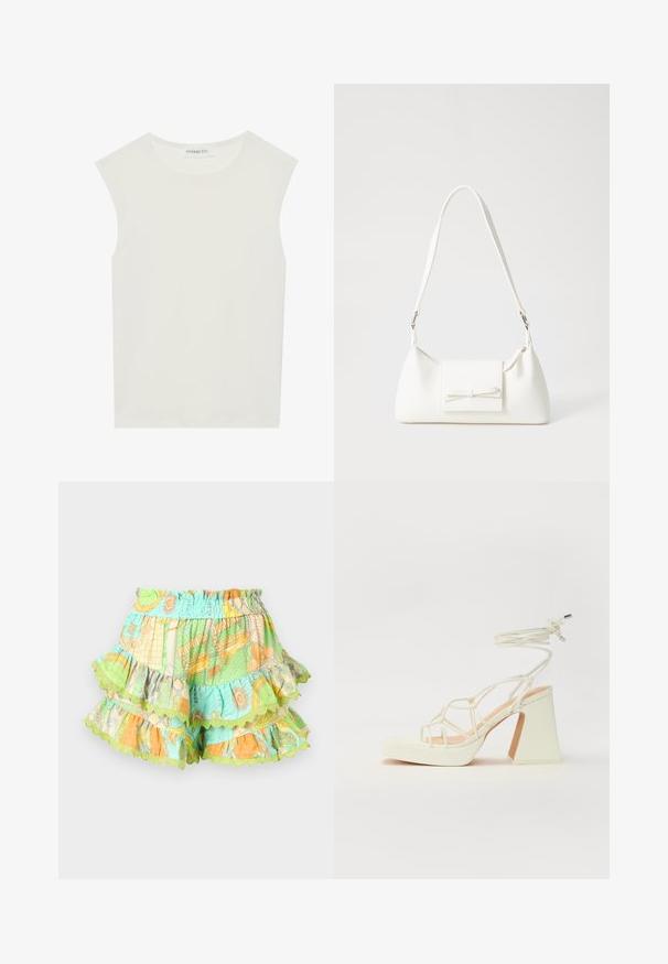 Valkoinen hihaton paita, jossa on pyöreä kaula-aukko. Valmistettu sileästä kankaasta, siinä on rento istuvuus ja minimalistinen muotoilu. Ei kuvioita tai koristeita.; Värikartanat shortsit, joissa on joustava vyötärö, ja jotka esittelevät kuvioita vihreällä, oranssilla ja sinisellä, reunat ovat aallotetut.; Valkoinen korkokenkä, jossa on paksu korko, ja joka sisältää nauhakiinnityksen ja nilkkaketjun. Sujuva pinta, jossa on platform-etupohja lisäkorkeutta varten.; Valkoinen synteettinen käsilaukku, jossa on kolmikulmainen muoto, tasainen etu läppä ja nauhadetail, säädettävä olkahihna, sileä rakenne ja minimalinen muotoilu.