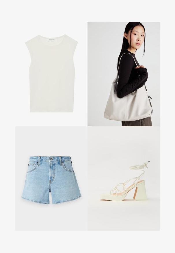 Weißes ärmelloses Top mit rundem Ausschnitt. Hergestellt aus glattem Stoff, hat es einen lässigen Schnitt und minimalistisches Design. Keine Muster oder Akzente.; Hellblaue Denim-Shorts im klassischen Fünf-Taschen-Design, mit genähten Akzenten und rohem Saum. Sie verfügen über einen Metallknopf und einen Reißverschluss.; Weiße High-Heel-Sandale mit einem klobigen Absatz, die über ein Riemchendesign und ein Knöchelband verfügt. Glatte Textur mit einer Plattform vorne für zusätzliche Höhe.; Beige Handtasche aus weichem Material, mit einem lässigen Design, gesteppten Details und zwei Schulterriemen. Geeignet für den täglichen Gebrauch.