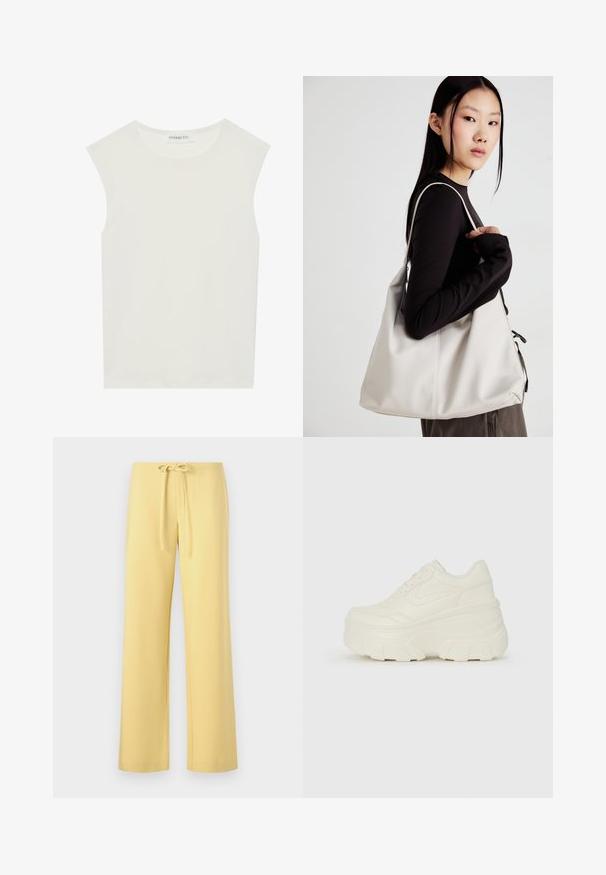 Vit ärmlös topp med rund halsringning. Tillverkad av ett mjukt tyg, har den en avslappnad passform och minimalistisk design. Inga mönster eller detaljer.; Gula, lätta, bomullsblandade byxor med dragsko i midjan, rak skärning och inga synliga mönster eller detaljer.; Vita plattformssneakers med en slät läderliknande överdel, rundad form, vadderad krage och texturerad gummisula med definierade mönster.; Beige handväska tillverkad av mjukt material, med en avslappnad design, sydda detaljer och två axelremmar. Lämplig för dagligt bruk.