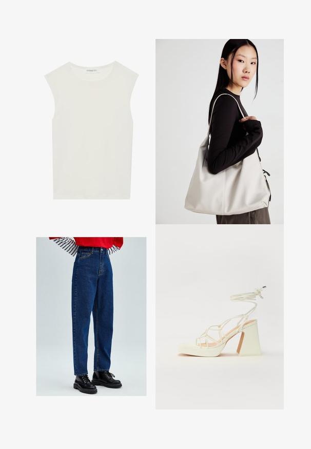 Bijela majica bez rukava s okruglim izrezom. Izrađena je od glatkog materijala, nudi opušteni kroj i minimalistički dizajn. Bez uzoraka ili ukrasa.; Plave traperice visokog struka s labavim krojem, s klasičnim dizajnom s pet džepova i detaljima žutog šivanja. Upečatljivo su uparene s crnim čizmama na vezanje.; Bijela sandala na visokoj potpetici s debelim petom, s remenom i vezanjem oko gležnja. Glatka tekstura s platformom sprijeda za dodatnu visinu.; Bežna torba od mekog materijala s opuštenim dizajnom, šivanim detaljima i dva remena za rame. Pogodna za svakodnevnu upotrebu.