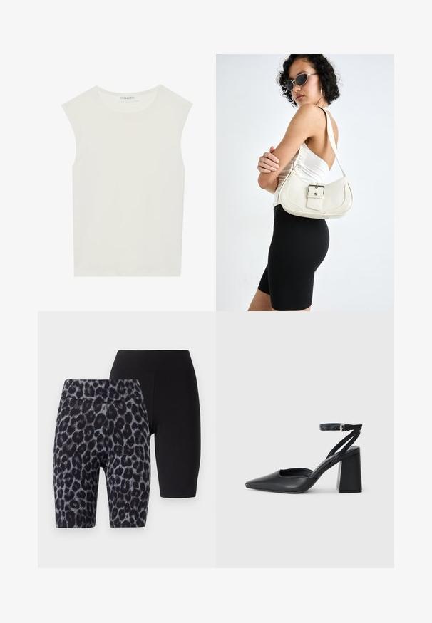 Top branco sem mangas com decote redondo. Feito de um tecido liso, apresenta um corte descontraído e um design minimalista. Sem padrões ou detalhes.; Conjunto de dois calções: um preto e um com um padrão de leopardo cinza e preto. Ambos apresentam uma textura suave e uma cintura elástica.; Sandal com biqueira afilada em couro preto, com cinta no tornozelo e salto grosso. Textura lisa, design elegante e estética minimalista.; Bolsa de couro branca com um formato curvado, alça ajustável e um pequeno detalhe de fivela. Modelo usa um traje preto ajustado.