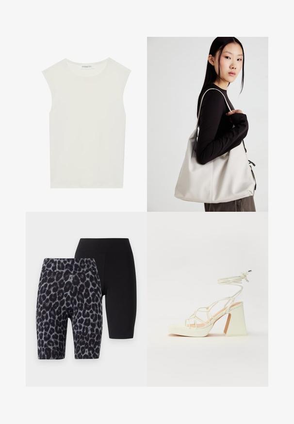 Bílý bezrukávový top s kulatým výstřihem. Vyroben z hladkého materiálu, má volný střih a minimalistický design. Bez vzorů nebo akcentů.; Sada dvou šortek: jedny černé, druhé s šedým a černým leopardím vzorem. Obě mají hladký povrch a elastický pas.; Bílé sandály na vysokém podpatku s robustním podpatkem, s designem s pásky a zavazováním kolem kotníku. Hladký povrch s platformou vpředu pro zvýšení výšky.; Beige kabelka vyrobená z měkkého materiálu, s volným designem, prošívanými detaily a dvěma ramenními popruhy. Vhodná pro každodenní použití.