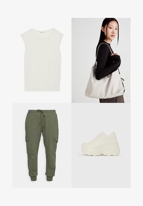 Fehér ujjatlan felső, kerek nyakkivágással. Simább anyagból készült, laza fazonnal és minimalista kialakítással rendelkezik. Nincsenek minták vagy díszítések.; Olíva zöld, puha anyagból készült melegítőnadrág, rugalmas derékkal ellátva, húzózsinórral, szűkített bokákkal és oldalán cargo zsebekkel.; Fehér platform sportcipők, sima bőrszerű felsőrésszel, kerek formával, párnázott bokával és texturált gumitalppal, jól definiált mintázattal.; Puha anyagból készült bézs kézitáska, laza dizájnnal, varrott részletekkel és két vállpánttal. Mindennapi használatra alkalmas.