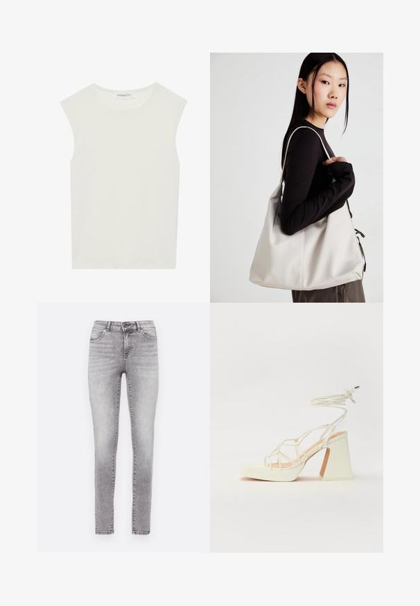 Hvit ermeløs topp med rund hals. Laget av glatt stoff, har den en avslappet passform og minimalistisk design. Ingen mønstre eller detaljer.; Slim fit jeans i en falmet grå vask, laget av denim. Har knapp- og glidelås-lukking, fem lommer, og en subtil slitasje-effekt.; Hvit høyhælte sandal med kraftig hæl, med en stroppe-design og ankelbånd. Glatt tekstur med plattform foran for ekstra høyde.; Beige håndveske laget av mykt materiale, med en slapp design, sydd detaljer og to skulderstropper. Passer for daglig bruk.