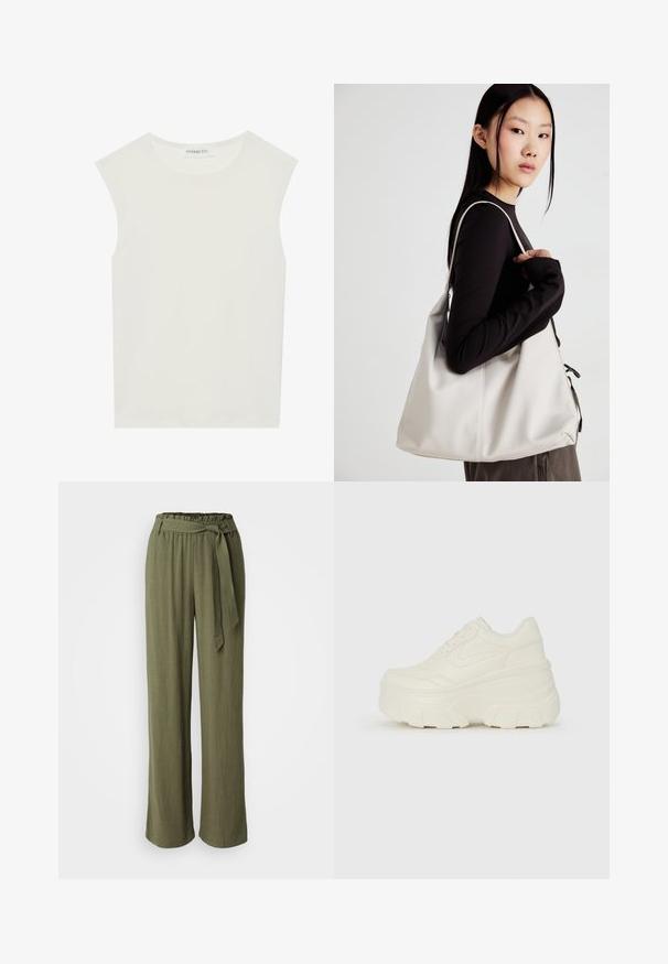 Bela brezrokavnica s okroglim izrezom. Narejena iz gladkega materiala, ima sproščen kroj in minimalističen dizajn. Brez vzorcev ali okrasnih elementov.; Hlače v olivno zeleni barvi, narejene iz lahkega materiala. Imajo široke noge, elastičen pas in tkani pas z detajlom v obliki zanke.; Bele platformske tene z belim zgornjim delom, ki spominja na usnje, okroglo obliko, oblazinjen ovratnik ter gumo z teksturo na podplatu z izrazitimi profili.; Bežna torbica iz mehkega materiala, z ohlapno zasnovo, šivi in dvema naramnicama. Primerna za vsakodnevno uporabo.