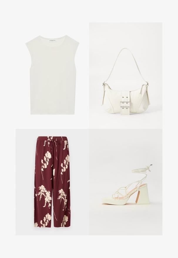 Balts bez piedurknēm tops ar apaļu kakla izgriezumu. Izgatavots no gludas auduma, tam ir brīvs piegriezums un minimālistisks dizains. Nav nekādas rakstainības vai akcentu.; Bordo platās kājās bikses, izgatavotas no viegla auduma, ar krēmīgu ziedu rakstu, elastīgu jostasvietu ar aukliņu un divām sānu kabatām.; Baltas augstpapēžu sandales ar masīvu papēdi, ar siksnu dizainu un potītes saistītiem elementiem. Gluda tekstūra ar platformu priekšpusē, lai nodrošinātu papildu augstumu.; Balts plecu soma ar teksturētu apdari, centrālu sprādzi un izliekta forma. Ražota ar rāvējslēdzēja aizdares abās pusēs.