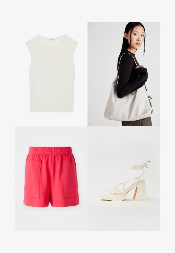 Fehér ujjatlan felső, kerek nyakkivágással. Simább anyagból készült, laza fazonnal és minimalista kialakítással rendelkezik. Nincsenek minták vagy díszítések.; Piros sportnadrág könnyű anyagból, rugalmas derékkal és két nagy elülső zsebbel. Sima textúra, térd hosszúságú fazon.; Fehér, magassarkú szandál vastag sarokkal, pántos dizájnnal és bokapánttal. Sima textúra, elülső platformmal a megnövelt magasság érdekében.; Puha anyagból készült bézs kézitáska, laza dizájnnal, varrott részletekkel és két vállpánttal. Mindennapi használatra alkalmas.