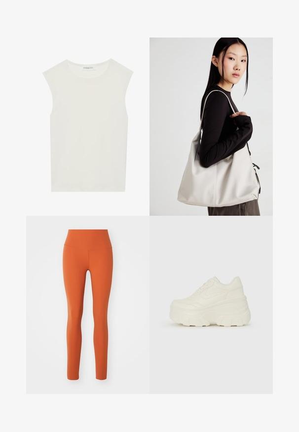 Balta be rankovių palaidinė su apvaliu kaklu. Pagaminta iš lygios medžiagos, ji turi laisvą siluetą ir minimalistinį dizainą. Be raštų ar akcentų.; Aukštos juosmens leggingai vienos spalvos oranžinės, pagaminti iš tempiamos, lygios medžiagos. Prigludusi konstrukcija be matomų raštų ar akcentų.; Baltos platformos sportbačiai su lygiu odos primenančiu paviršiumi, apvalia forma, paminkštintu apykakle ir tekstūruotu guminiu padu su ryškiais protektoriais.; Bežinė rankinė, pagaminta iš minkštos medžiagos, turinti laisvą dizainą, siuvinėtas detalės ir dvi petnešos. Tinkama kasdieniam naudojimui.