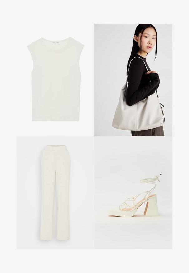 Top branco sem mangas com decote redondo. Feito de um tecido liso, apresenta um corte descontraído e um design minimalista. Sem padrões ou detalhes.; Calças de linho em bege claro com um design de perna reta, cintura plana e detalhes de costura mínimos, apresentando um acabamento suave e texturizado.; Sandálias brancas de salto alto com um salto robusto, apresentando um design com tiras e amarração no tornozelo. Textura suave com uma plataforma na frente para altura adicional.; Uma bolsa bege feita de material macio, com um design descontraído, detalhes de costura e duas alças para o ombro. Adequada para uso diário.