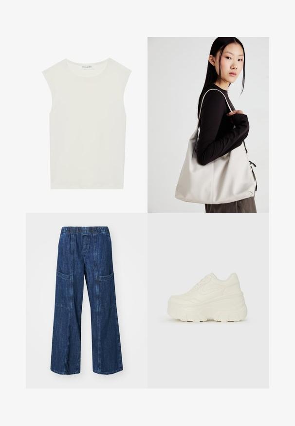 Fehér ujjatlan felső, kerek nyakkivágással. Simább anyagból készült, laza fazonnal és minimalista kialakítással rendelkezik. Nincsenek minták vagy díszítések.; GAP UTILITY EASY MALA - Széles szárú - dark indigo; Fehér platform sportcipők, sima bőrszerű felsőrésszel, kerek formával, párnázott bokával és texturált gumitalppal, jól definiált mintázattal.; Puha anyagból készült bézs kézitáska, laza dizájnnal, varrott részletekkel és két vállpánttal. Mindennapi használatra alkalmas.
