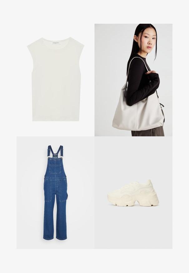 White sleeveless top with a round neckline. Made of smooth fabric, it features a relaxed fit and minimalist design. No patterns or accents.; Denim overalls in a medium blue hue. Features adjustable straps, front pocket, and wide legs. Smooth texture with basic stitching details.; Chunky white sneakers made of textured mesh and synthetic materials, featuring a thick sole and intricate pattern details along the sides.; Beige handbag made of soft material, featuring a slouchy design, stitched detailing, and two shoulder straps. Suitable for everyday use.
