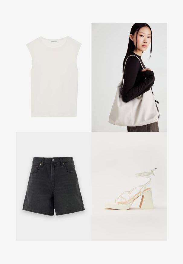 Biely bezrukávový top s okrúhlym výstrihom. Vyrobený z hladkého materiálu, má uvoľnený strih a minimalistický dizajn. Žiadne vzory alebo akcenty.; Čierne denimové šortky s klasickým strihom, majúce zapínanie na gombík, päť vreciek a minimálne švy. Hladká textúra.; Biele sandále na vysokom opätku s hrubým podpätkom, s pruhovaným dizajnom a viazaním na členku. Hladký povrch s platformou vpredu pre zvýšenú výšku.; Béžová kabelka vyrobená z mäkkého materiálu, s uvoľneným dizajnom, prišitými detailmi a dvoma popruhmi na nosenie na pleciach. Vhodná na každodenné nosenie.