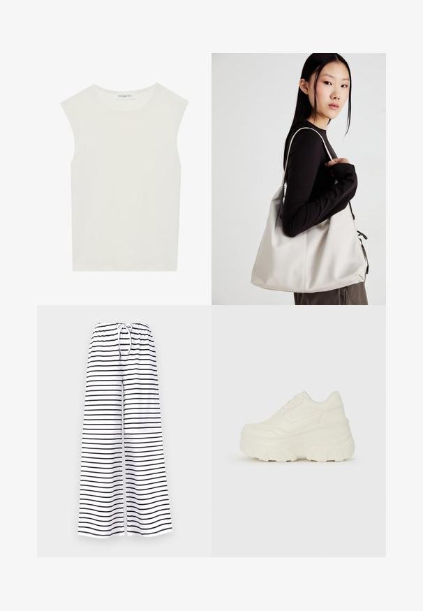 Biała bezrękawnik z okrągłym dekoltem. Wykonana z gładkiego materiału, ma luźny krój i minimalistyczny design. Bez wzorów ani akcentów.; Spodnie o szerokich nogawkach w białym materiale, z czarnymi poziomymi paskami. Elastyczny pasek w talii z sznurkiem do regulacji na odpowiednią szerokość i wygody.; Białe sneakersy na platformie z gładkim, skórzano przypominającym wierzchem, zaokrąglonym kształtem, wyściełanym kołnierzem oraz teksturowaną gumową podeszwą z wyraźnym bieżnikiem.; Beżowa torebka wykonana z miękkiego materiału, charakteryzująca się luźnym fasonem, wyszywanymi detalami i dwoma uchwytami na ramię. Idealna na co dzień.