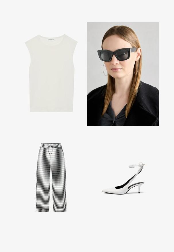 White sleeveless top with a round neckline. Made of smooth fabric, it features a relaxed fit and minimalist design. No patterns or accents.; Black and white striped wide-leg pants with a drawstring waistband. The fabric appears soft and lightweight, featuring evenly spaced horizontal stripes.; White pointed-toe slingback heels with a thin ankle strap. Smooth leather material, thin stiletto heel, and a black interior lining.; Black cat-eye sunglasses with dark lenses, thick frames, and subtle accents. Worn with a black coat and gray top, featuring long straight hair.