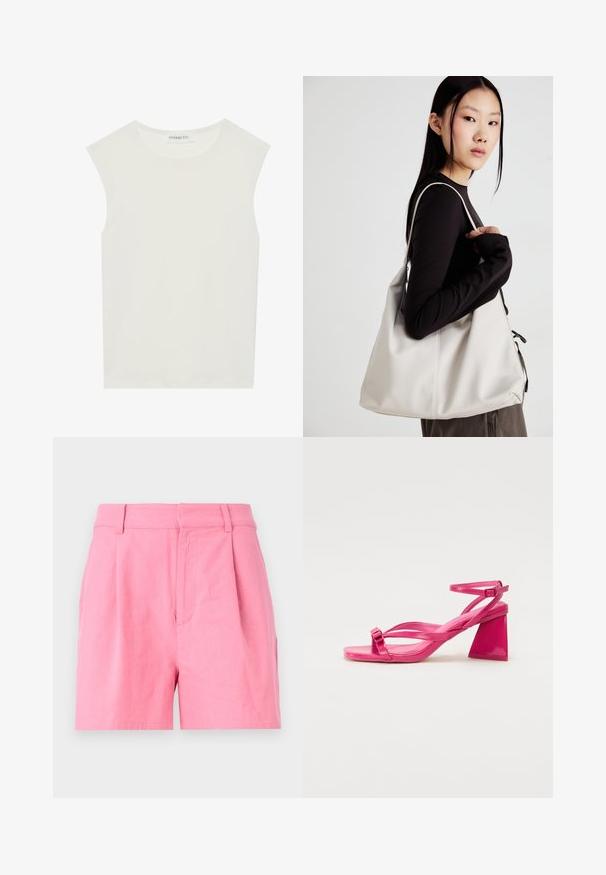 Hvit ermeløs topp med rund hals. Laget av glatt stoff, har den en avslappet passform og minimalistisk design. Ingen mønstre eller detaljer.; Rosa shorts laget av bomull med en glatt tekstur, med folder, et liv og sidelommer for ekstra funksjonalitet.; Rosa patentlær heeled sandaler med firkantet tå, smale stropper og en geometrisk blokklitt. Har en spenne detalj på stroppen.; Beige håndveske laget av mykt materiale, med en slapp design, sydd detaljer og to skulderstropper. Passer for daglig bruk.