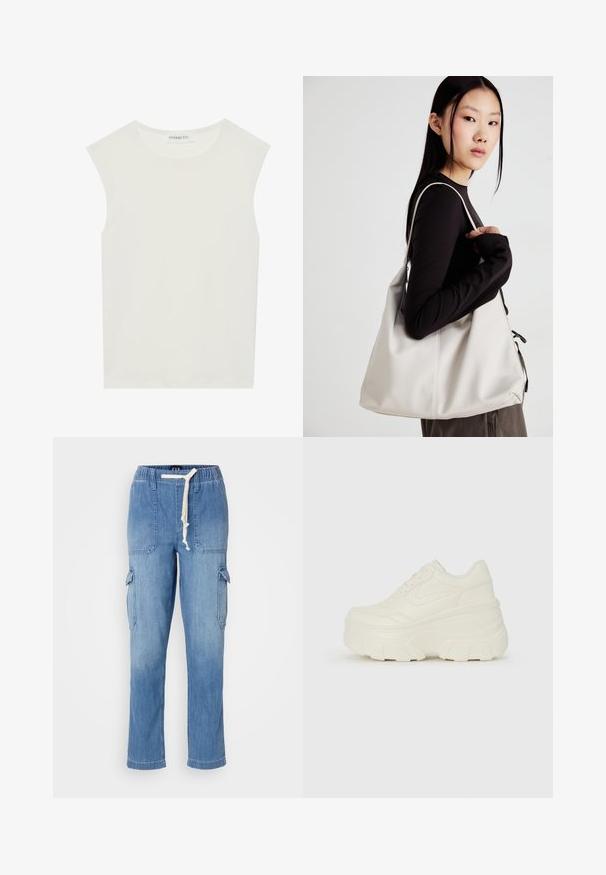 Valge ilma varrukateta topp ümmarguse kaelusega. Valmistatud siledast kangast, sellel on mugav lõige ja minimalistlik disain. Ei ole mustreid ega aksessuaare.; Heledad sinine denimist cargo püksid elastse kummiga, reguleeritava paelaga, küljetaskute ja reie peal olevate tikanditaskutega.; Valged platvormi tõusukingad, millel on siledast nahast meenutav pealis, ümar kuju, pehmendatud kaelus ja tekstureeritud kummitald koos selgete hüdrofoobsete mustritega.; Bež käekott pehme materjali, millel on lõtv disain, õmblustega detailid ja kaks õlarihma. Sobib igapäevaseks kasutamiseks.