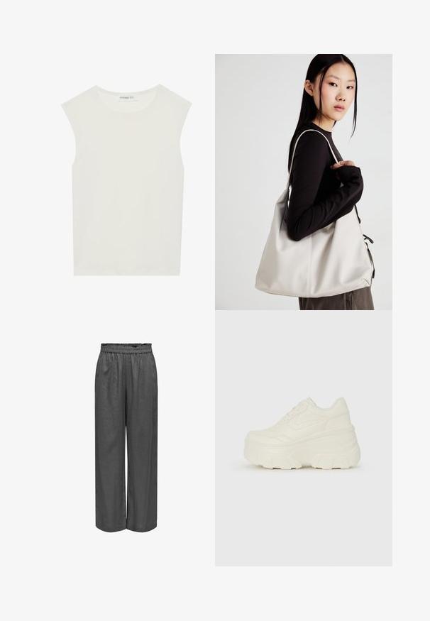 Balta be rankovių palaidinė su apvaliu kaklu. Pagaminta iš lygios medžiagos, ji turi laisvą siluetą ir minimalistinį dizainą. Be raštų ar akcentų.; Pilkos, plačios kojinės kelnės, pagamintos iš minkštos medžiagos, su elastinga juosmeniu. Su laisvu siluetu ir lygiu tekstūru.; Baltos platformos sportbačiai su lygiu odos primenančiu paviršiumi, apvalia forma, paminkštintu apykakle ir tekstūruotu guminiu padu su ryškiais protektoriais.; Bežinė rankinė, pagaminta iš minkštos medžiagos, turinti laisvą dizainą, siuvinėtas detalės ir dvi petnešos. Tinkama kasdieniam naudojimui.