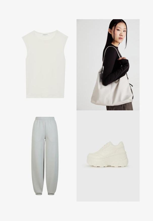 Valkoinen hihaton paita, jossa on pyöreä kaula-aukko. Valmistettu sileästä kankaasta, siinä on rento istuvuus ja minimalistinen muotoilu. Ei kuvioita tai koristeita.; Harmaat collegehousut, joissa on joustava vyötärö, kapenevat hihansuut ja sileä pinta. Ne ovat väljästi istuvat ilman näkyviä kuvioita tai koristeita.; Valkoiset tasapohjakengät, joissa on sileä nahkamainen päällinen, pyöristetty muoto, pehmustettu nilkkaosa ja texturoitu kumipohja, jossa on hyvin määritellyt urat.; Beige laukku, joka on valmistettu pehmeästä materiaalista, ja siinä on rento muotoilu, ommeltu yksityiskohtia ja kaksi olkahihnaa. Sopii päivittäiseen käyttöön.