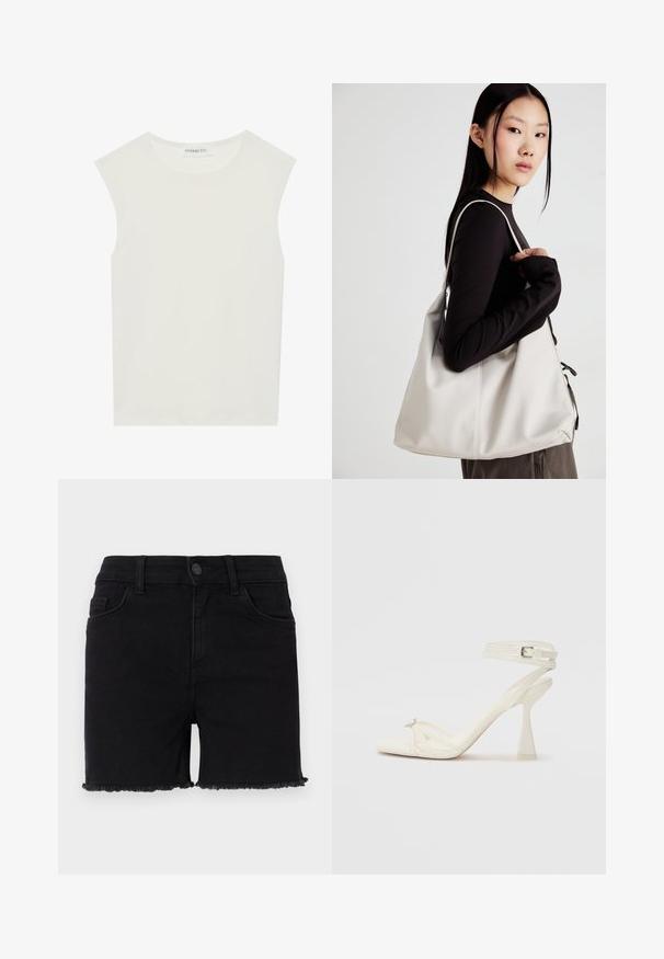 Balta be rankovių palaidinė su apvaliu kaklu. Pagaminta iš lygios medžiagos, ji turi laisvą siluetą ir minimalistinį dizainą. Be raštų ar akcentų.; Juodi džinsiniai šortai su prigludusia talija, nusidėvėjusiais krašteliais ir klasikinio penkių kišenių dizainu. Audinys yra lygus su šiek tiek elastano.; Baltos odinės aukštakulnės sandalai su dirželiais, elegantiško dizaino, skaidriu blokiniu kulnu ir dekoratyviu elementu ant piršto.; Bežinė rankinė, pagaminta iš minkštos medžiagos, turinti laisvą dizainą, siuvinėtas detalės ir dvi petnešos. Tinkama kasdieniam naudojimui.
