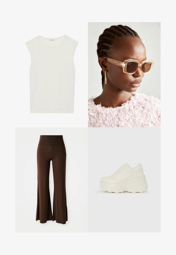 Top blanco sin mangas con escote redondo. Hecho de una tela suave, presenta un corte relajado y un diseño minimalista. Sin patrones ni acentos.; Pantalones marrones de pernera ancha y talle alto, con una textura suave, diseñados para un ajuste relajado y cómodo.; Zapatillas de plataforma blancas con un upper suave similar al cuero, forma redondeada, cuello acolchado y suela de goma texturizada con surcos definidos.; Gafas de sol beige de gran tamaño con una montura transparente y lentes tintados marrones, que presentan sutiles acentos florales y un diseño geométrico audaz.
