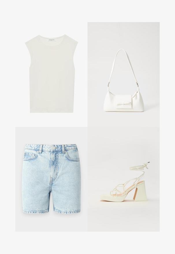 Biely bezrukávový top s okrúhlym výstrihom. Vyrobený z hladkého materiálu, má uvoľnený strih a minimalistický dizajn. Žiadne vzory alebo akcenty.; Svetlé modré denimové šortky s klasickým strihom, ktoré majú päť vreciek, prešívané švy a zapínanie na gombík.; Biele sandále na vysokom opätku s hrubým podpätkom, s pruhovaným dizajnom a viazaním na členku. Hladký povrch s platformou vpredu pre zvýšenú výšku.; Biela syntetická kabelka s trojuholníkovým tvarom, plochým predným klapkou a detailom mašle, nastaviteľným popruhom, hladkou textúrou a minimalistickým dizajnom.