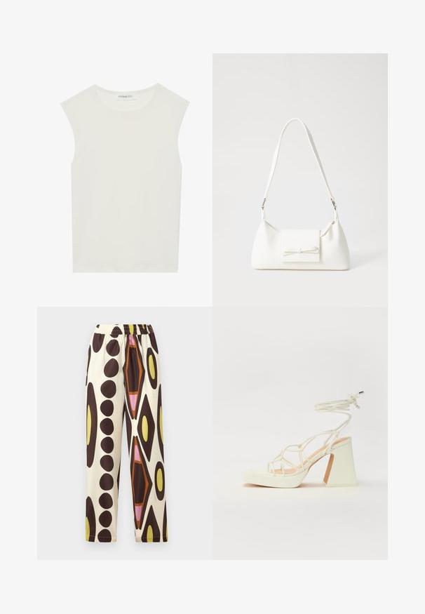 White sleeveless top with a round neckline. Made of smooth fabric, it features a relaxed fit and minimalist design. No patterns or accents.; Elastic-waist pants in lightweight fabric, featuring a cream background with large brown, yellow, pink, and orange geometric patterns.; White high-heeled sandal with a chunky heel, featuring a strappy design and ankle tie. Smooth texture with a platform front for added height.; White synthetic handbag with a triangular shape, flat front flap and bow detail, adjustable strap, smooth texture, and minimalistic design.