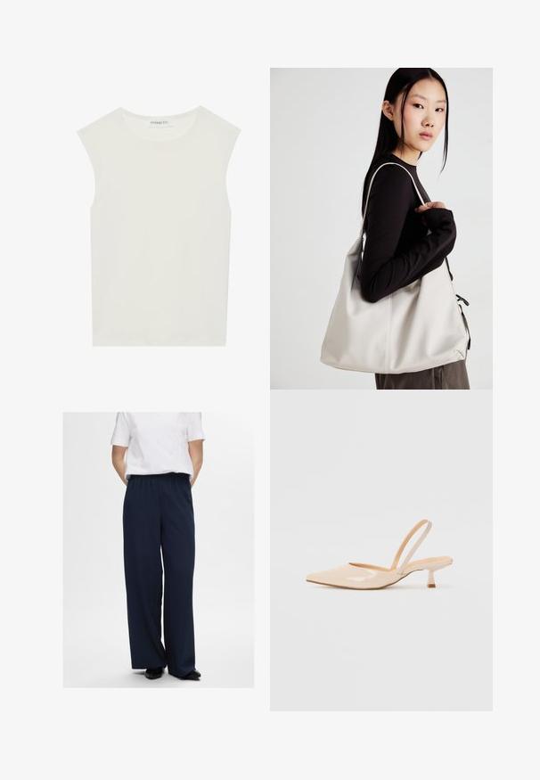 Bijela majica bez rukava s okruglim izrezom. Izrađena je od glatkog materijala, nudi opušteni kroj i minimalistički dizajn. Bez uzoraka ili ukrasa.; Selected Femme SLFTINNI RELAXED WIDE PANT - Hlače - dark sapphire; Bež sandale od lakirane kože s uskim vrhom i tankim, kvadratnim potpeticom. Glatka tekstura i minimalistički dizajn bez ukrasnih detalja.; Bežna torba od mekog materijala s opuštenim dizajnom, šivanim detaljima i dva remena za rame. Pogodna za svakodnevnu upotrebu.; Naušnice zlatne boje s teksturiranim, valovitim oblicima. Uključuju skulpturalne kopče i dizajn otvorene kružnice s kovanom završnom obradom.