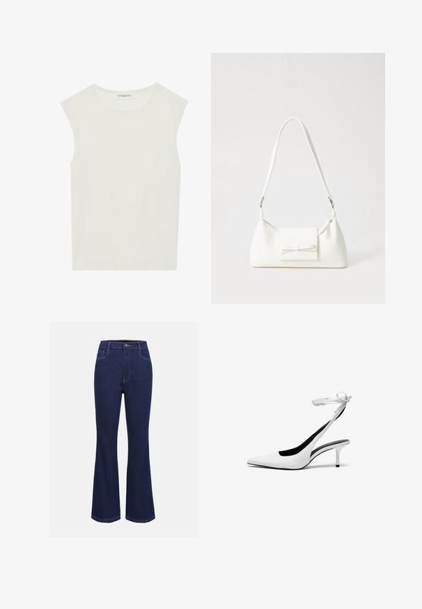 Bela brezrokavnica s okroglim izrezom. Narejena iz gladkega materiala, ima sproščen kroj in minimalističen dizajn. Brez vzorcev ali okrasnih elementov.; Temno modri kavbojasti široki hlače z visokim pasom, standardno zapiranje na gumb in sprednjimi žepi. Imajo kontrastne šive in gladko teksturo.; Bele stiletto sandale z odprtim nosom in tankim zapenjanjem okoli gležnja. Gladek usnjen material, tanki stiletto pete in črna notranja podloga.; Bela sintetična torbica v obliki trikotnika, z ravnim sprednjim poklopcem in detajlom mašne, nastavljivim trakom, gladko teksturo in minimalističnim dizajnom.