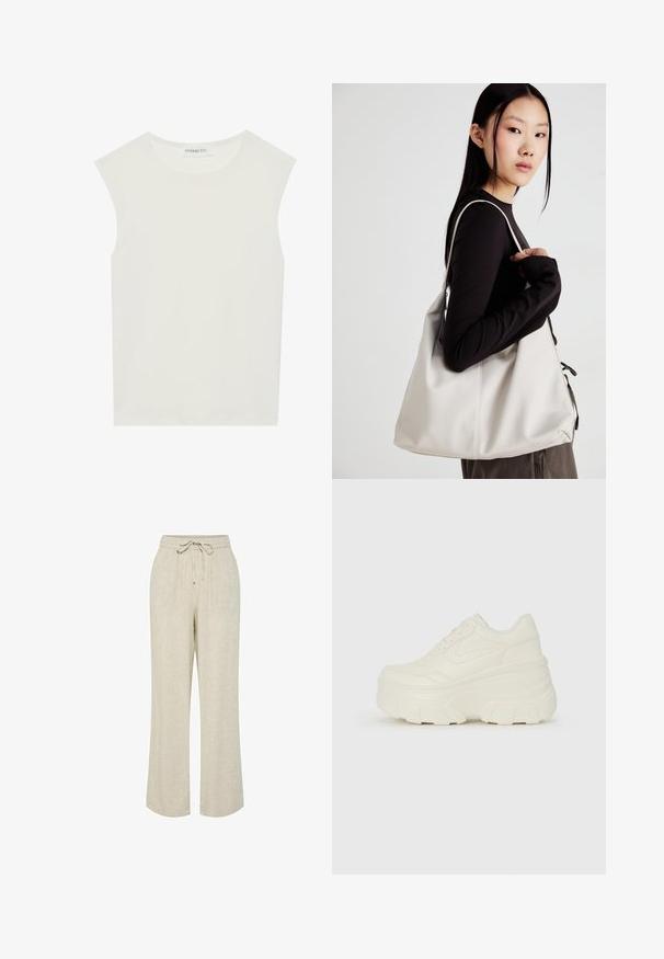 Biała bezrękawnik z okrągłym dekoltem. Wykonana z gładkiego materiału, ma luźny krój i minimalistyczny design. Bez wzorów ani akcentów.; Jasno-beżowe lniane spodnie o luźnym kroju, z elastycznym pasem i regulowanym sznurkiem, prostymi nogawkami i miękką fakturą.; Białe sneakersy na platformie z gładkim, skórzano przypominającym wierzchem, zaokrąglonym kształtem, wyściełanym kołnierzem oraz teksturowaną gumową podeszwą z wyraźnym bieżnikiem.; Beżowa torebka wykonana z miękkiego materiału, charakteryzująca się luźnym fasonem, wyszywanymi detalami i dwoma uchwytami na ramię. Idealna na co dzień.