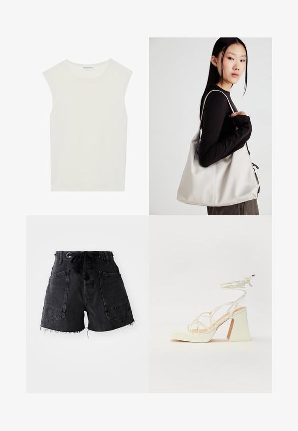 Top blanco sin mangas con escote redondo. Hecho de una tela suave, presenta un corte relajado y un diseño minimalista. Sin patrones ni acentos.; Pantalones cortos de mezclilla negra con dobladillo deshilachado, que cuentan con dos grandes bolsillos frontales y una cintura con cordón. El material tiene un acabado texturizado.; Sandalia de tacón alto blanca con un tacón grueso, que presenta un diseño de tiras y un lazo en el tobillo. Textura suave con una plataforma en la parte delantera para mayor altura.; Bolso de mano beige hecho de material suave, con un diseño holgado, detalles cosidos y dos asas. Adecuado para uso diario.