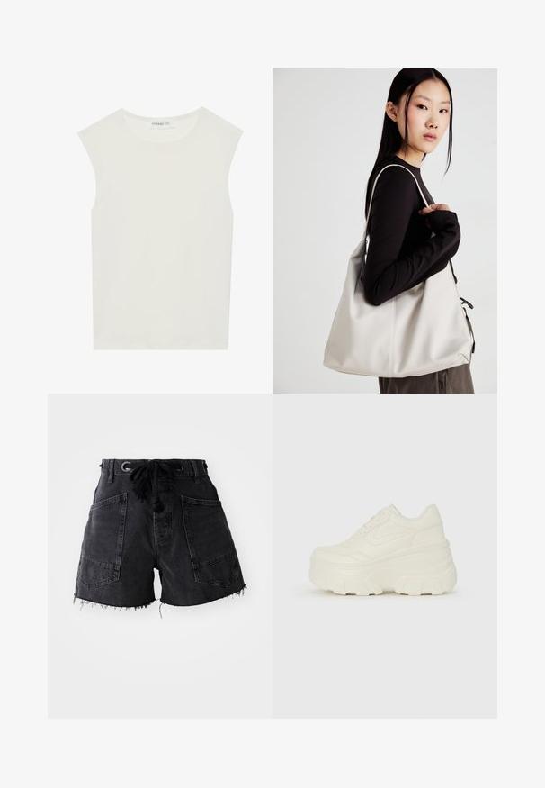Valkoinen hihaton paita, jossa on pyöreä kaula-aukko. Valmistettu sileästä kankaasta, siinä on rento istuvuus ja minimalistinen muotoilu. Ei kuvioita tai koristeita.; Mustat farkkushortsit räjähtäneellä helmalla, joissa on kaksi suurta etutaskua ja naru vyötäröllä. Materiaali on teksturoidun pinnan omaavaa.; Valkoiset tasapohjakengät, joissa on sileä nahkamainen päällinen, pyöristetty muoto, pehmustettu nilkkaosa ja texturoitu kumipohja, jossa on hyvin määritellyt urat.; Beige laukku, joka on valmistettu pehmeästä materiaalista, ja siinä on rento muotoilu, ommeltu yksityiskohtia ja kaksi olkahihnaa. Sopii päivittäiseen käyttöön.