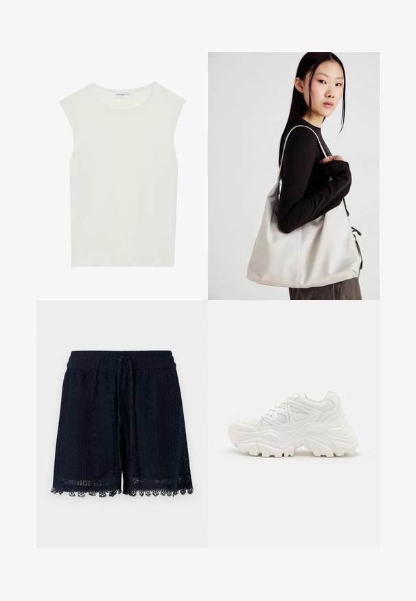 Bijela majica bez rukava s okruglim izrezom. Izrađena je od glatkog materijala, nudi opušteni kroj i minimalistički dizajn. Bez uzoraka ili ukrasa.; Mornarske plave kratke hlače od kukičane tkanine koja ima strukturirani uzorak i čipkani rub na donjem dijelu. Elastična pojas s vezicom.; Bijele debele tenisice s teksturiranim gornjim dijelom, mrežastim panelima i debelim gumenim potplatima s istaknutim uzorkom. Uključene vezice i petna traka.; Bežna torba od mekog materijala s opuštenim dizajnom, šivanim detaljima i dva remena za rame. Pogodna za svakodnevnu upotrebu.