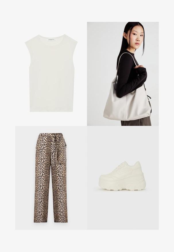 Hvit ermeløs topp med rund hals. Laget av glatt stoff, har den en avslappet passform og minimalistisk design. Ingen mønstre eller detaljer.; Løveprikkede vide bukser i et blødt stof, med en bundet taljedetalje og en glat tekstur. Farveskemaet inkluderer beige og sort.; Hvite plattformsnickers med en glatt læraktig overdel, avrundet form, polstret krage og teksturert gummisåle med tydelige dekk.; Beige håndveske laget av mykt materiale, med en slapp design, sydd detaljer og to skulderstropper. Passer for daglig bruk.